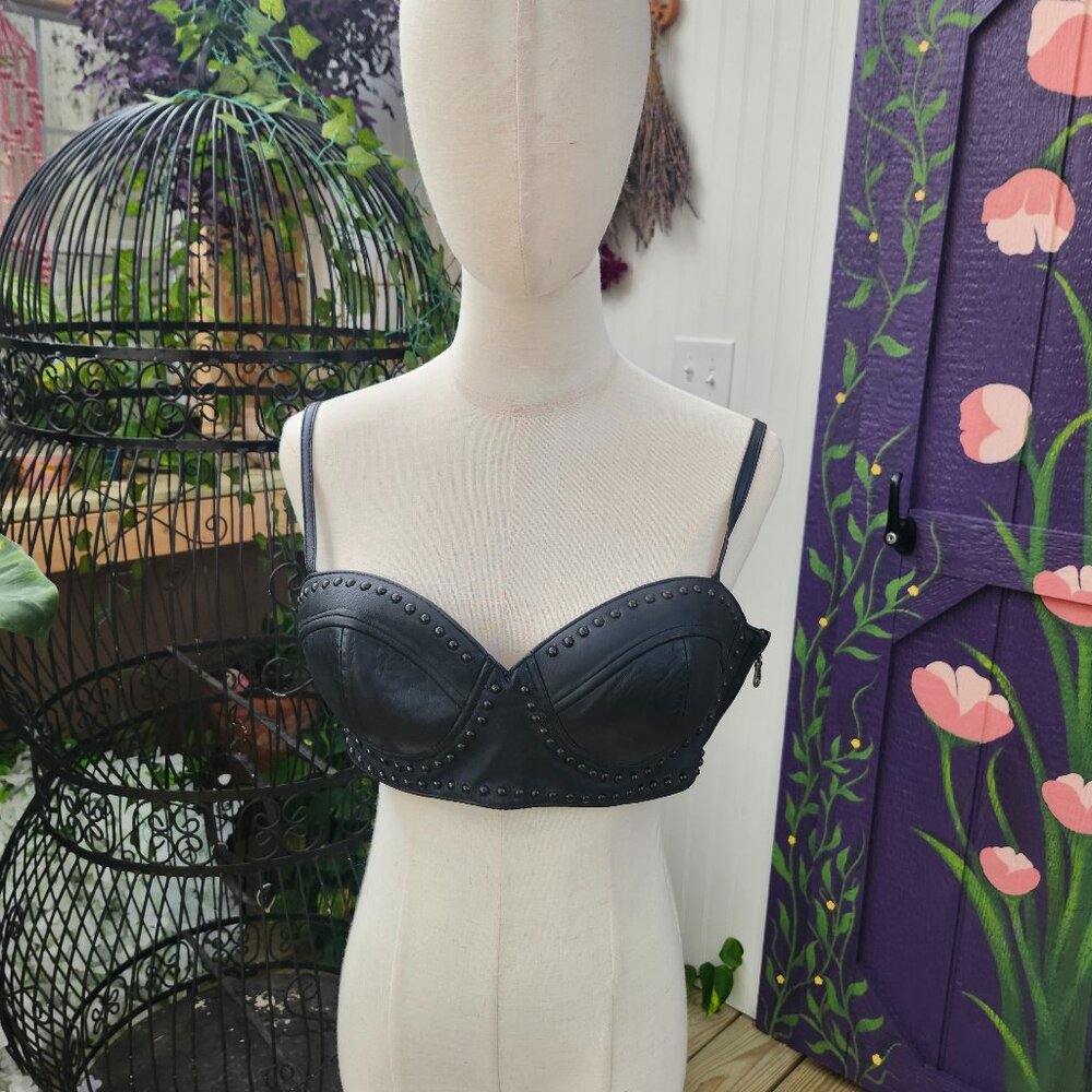 Vintage 1990's y2k black leather studded bralette crop top by First